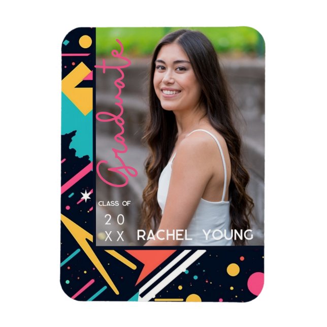 Colorful 80's Retro Navy & Pink Graduation Photo Magnet (Vertical)