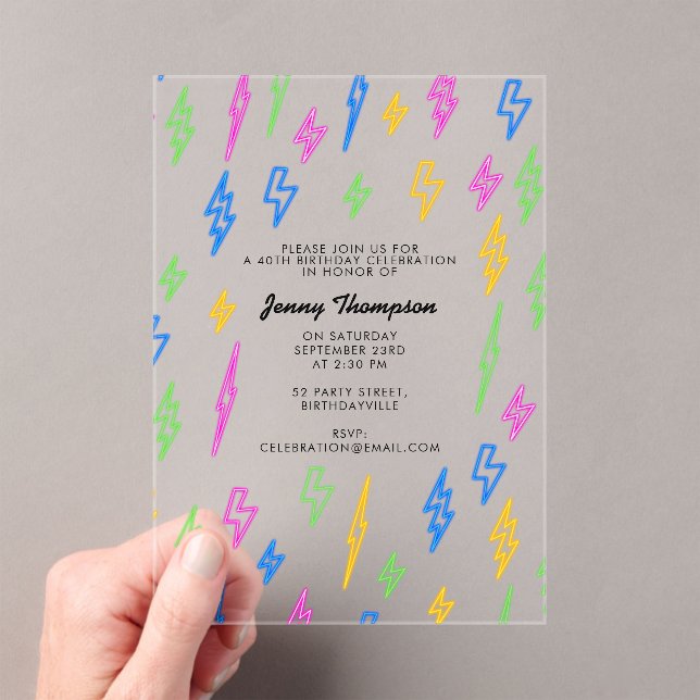 Colorful 80's Retro Neon Lightning Birthday Acrylic Invitations (Insitu (Handheld))