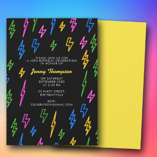 Colorful 80's Retro Neon Lightning Birthday Invitation