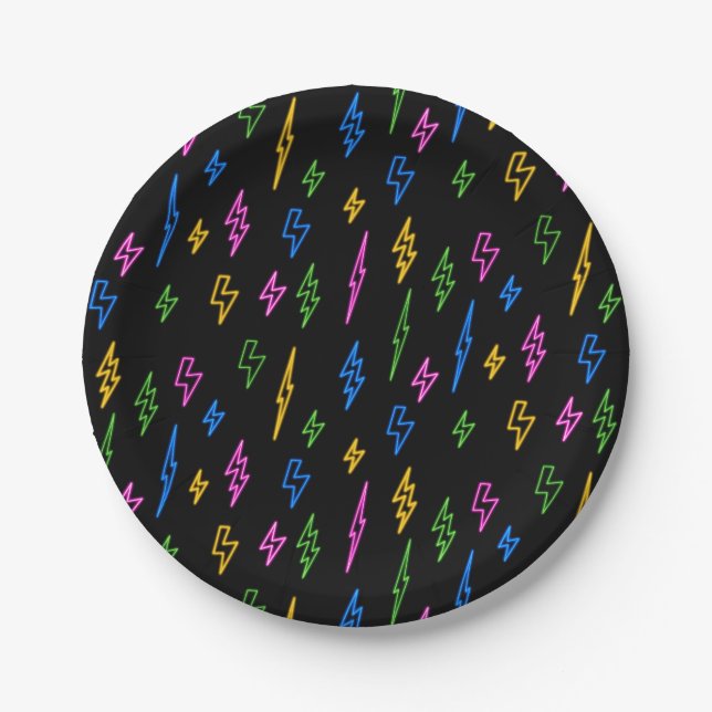 Colorful 80's Retro Neon Lightning Pattern  Paper Plates (Front)