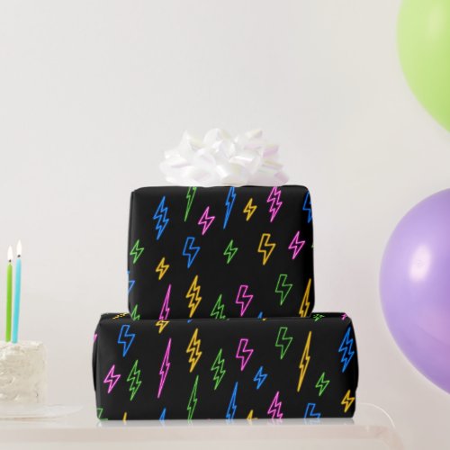 Colorful 80s Retro Neon Lightning Pattern  Wrapping Paper