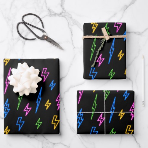 Colorful 80s Retro Neon Lightning Pattern  Wrapping Paper Sheets