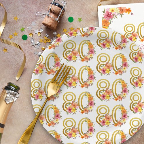Colorful 80th Birthday Floral Gold Number 80 Party Paper Plates