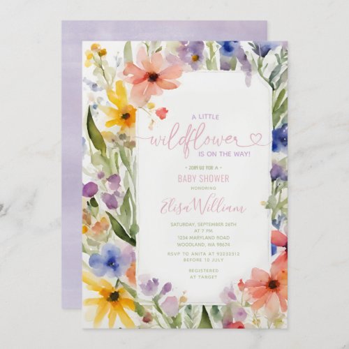 Colorful A Little Wildflower Baby Shower Greenery Invitation