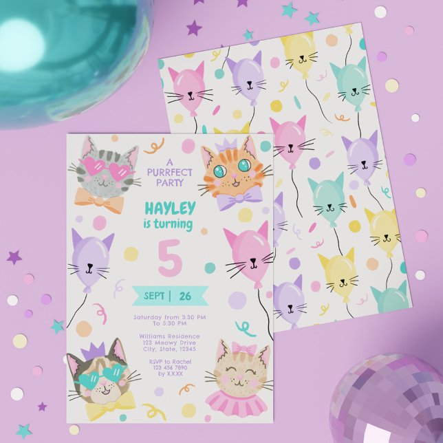 Colorful A Purrfect Party Cute Kitty Cat Birthday Invitation (Colorful A Purrfect Party Cute Kitty Cat Birthday Invitation)