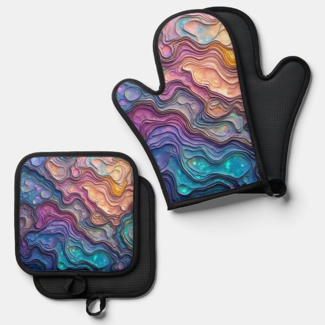Colorful Abalone Swirls Oven Mitt & Pot Holder Set (Front/Back)