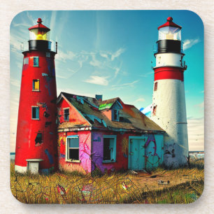 Colorful Abandoned Lighthouses on a Beach Beverage Coaster