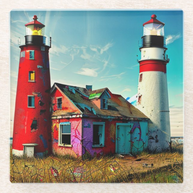 Colorful Abandoned Lighthouses on a Beach Glass Coaster (Front)