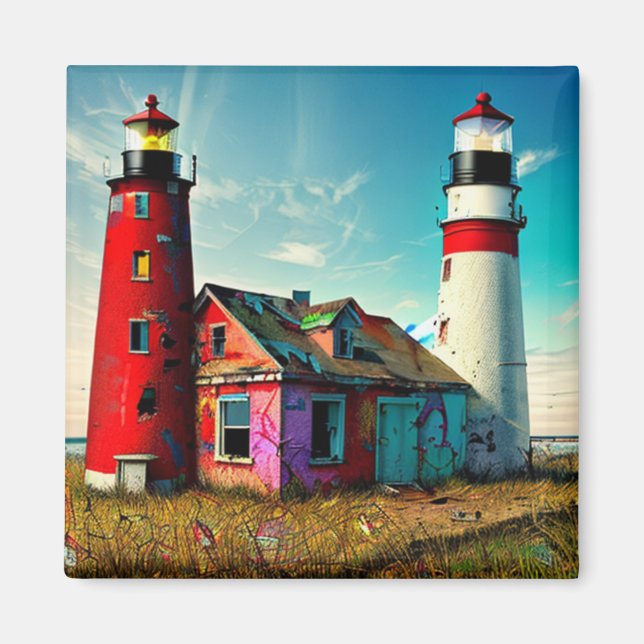 Colorful Abandoned Lighthouses on a Beach Magnet (Front)