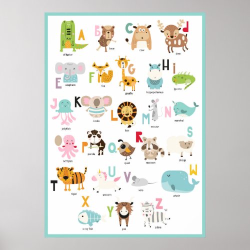 Colorful ABCs  Turquoise Frame Animal Alphabet Poster