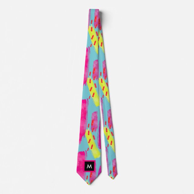 Colorful Abstract 1980s Pattern with Monogram Neck Tie (Front)
