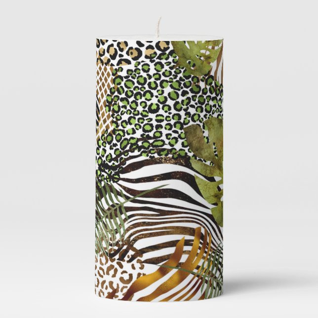 Colorful abstract animal jungle pillar candle (Front)