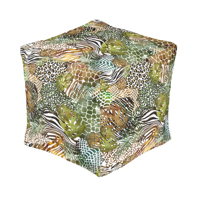 Colorful abstract animal jungle pouf (Angled Front)