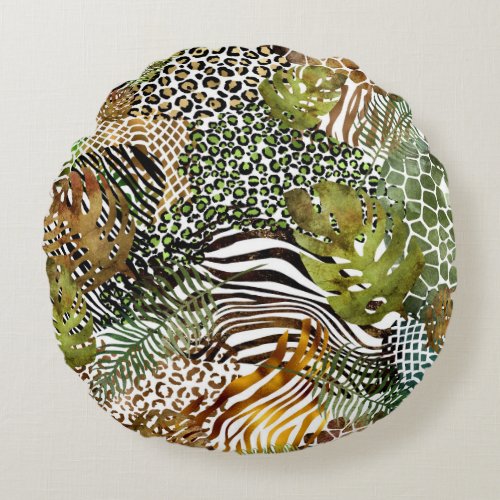 Colorful abstract animal jungle round pillow