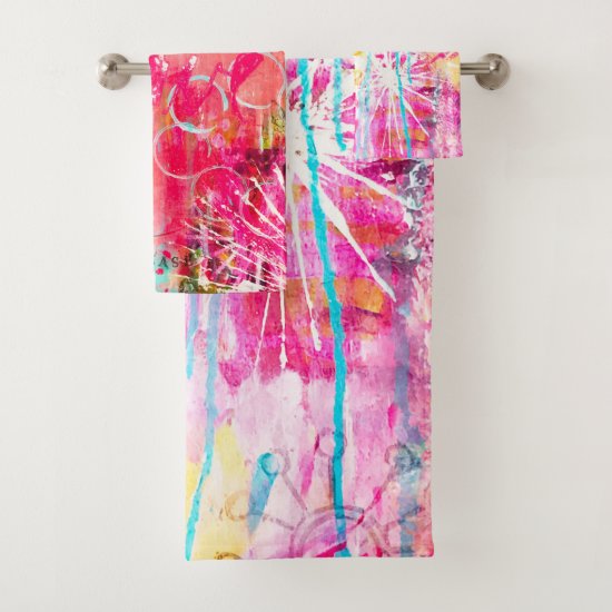 Colorful Abstract Aqua Fun Artistic Paint Splatter Bath Towel Set