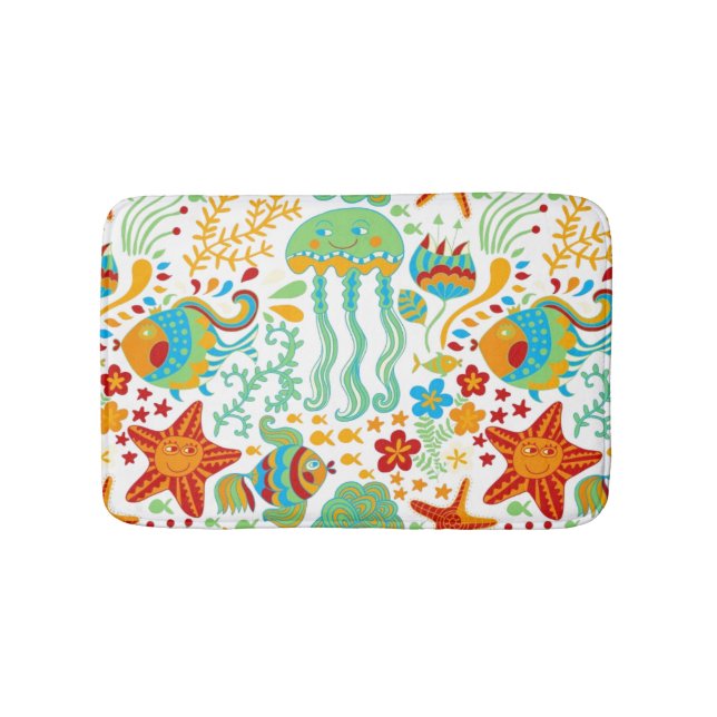 Colorful Abstract Aquatic Life Cartoon Style Bath Mat (Front)