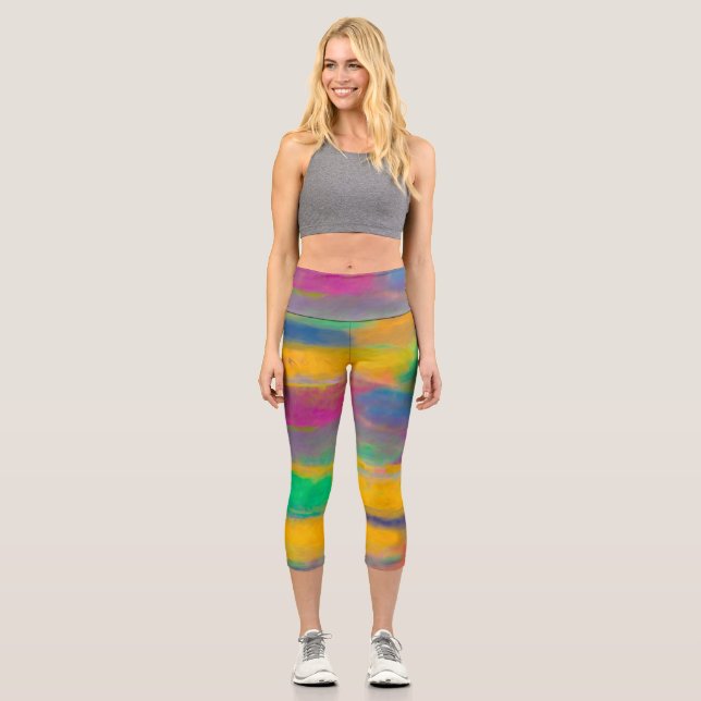 colorful abstract art bold and bright stripes capri leggings (Front)