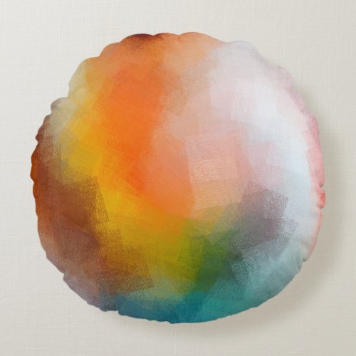 colorful abstract art brown red yellow blue green round pillow