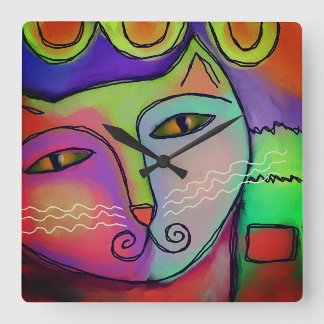 Colorful Abstract Art Cat Painting Square Wall Clock (Front)
