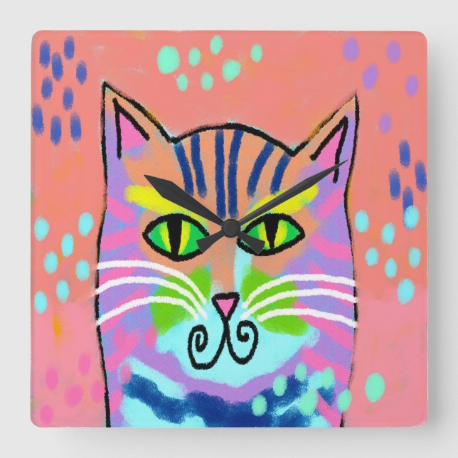 Colorful Abstract Art Cat Wall Clock (Front)