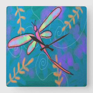 Colorful Abstract Art Dragonfly Square Wall Clock