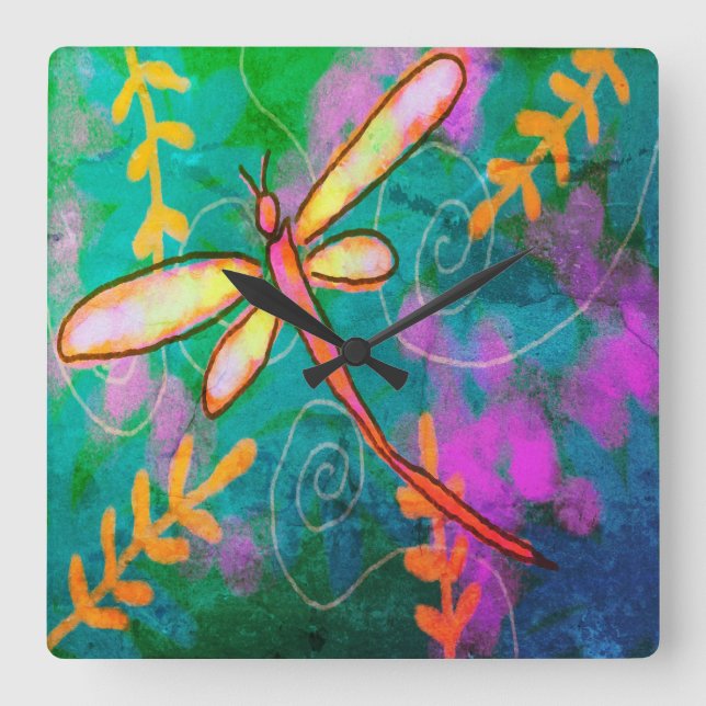 Colorful Abstract Art Dragonfly Square Wall Clock (Front)