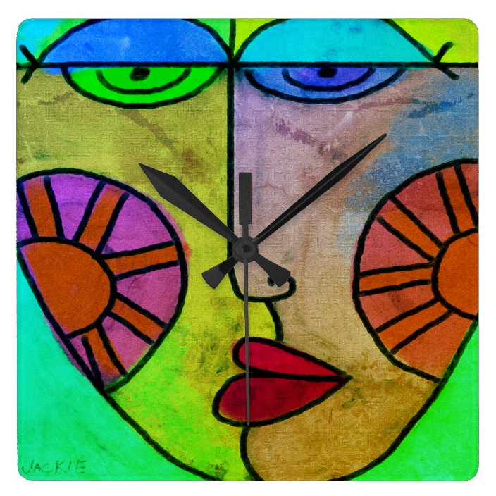 Colorful Abstract Art Face Square Wall Clock Zazzle Com
