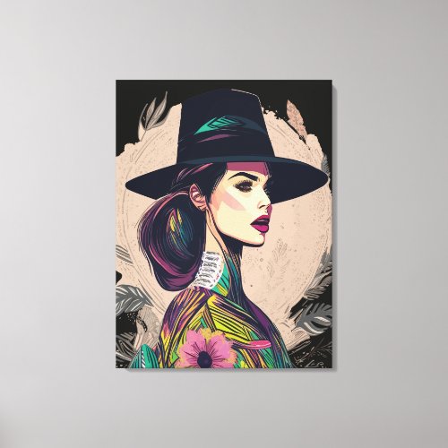 Colorful Abstract Art Floral Girl With Big Hat  Canvas Print