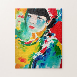 Colorful Abstract Art Japanese Woman Jigsaw Puzzle