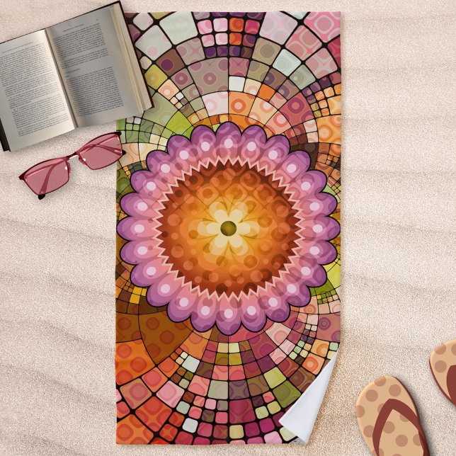 Colorful Abstract Art Mandala Mosaic Beach Towel (Colorful abstract art beach towel featuring an original geometric mandala mosaic design)