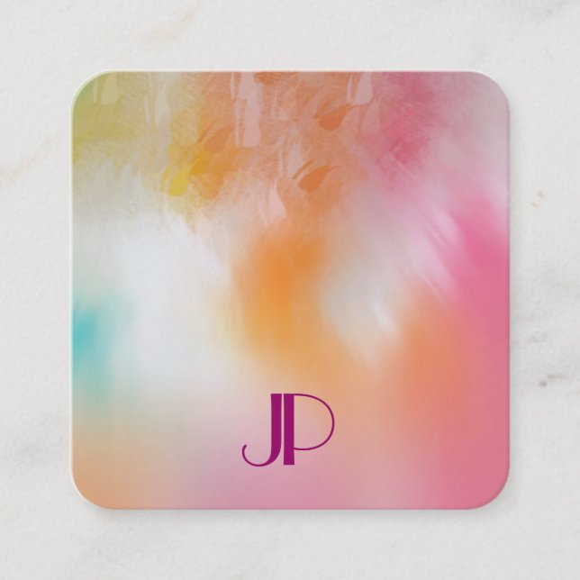 Colorful Abstract Art Modern Elegant Monogram Square Business Card (Front)