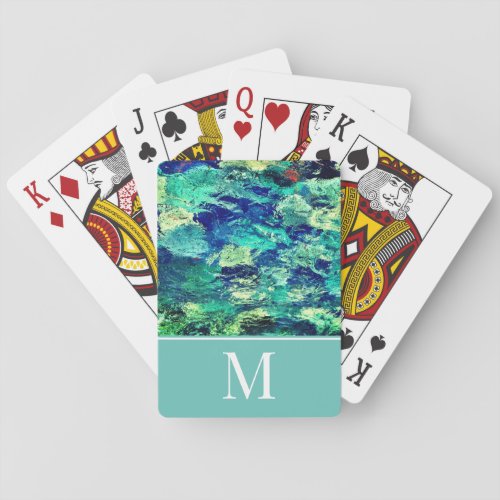 Colorful Abstract Art Photo Light Teal Monogram Playing Cards