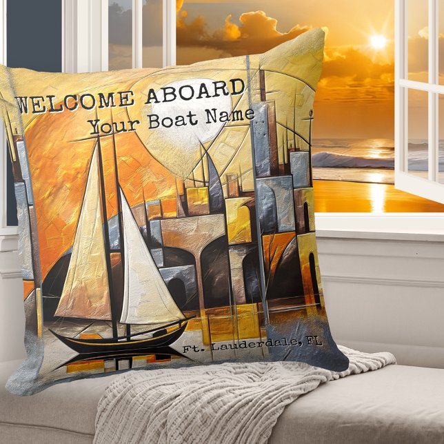 Colorful Abstract Art Sailboat Nautical Throw Pillow (Colorful artistic pillow with a nautical theme, showing an abstract fine art painting of a sailboat)