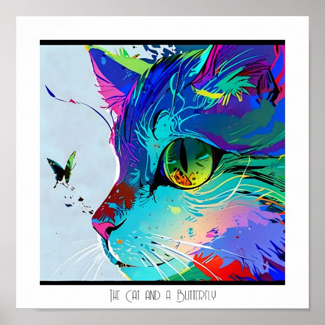 Colorful abstract artistic cat and butterfly  poster (Front)