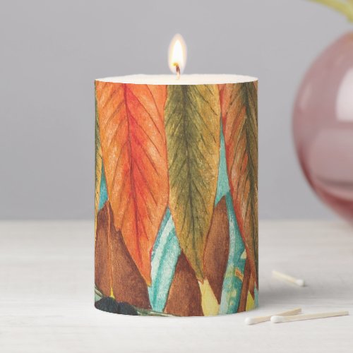 colorful abstract autumn leafs stylized pillar candle