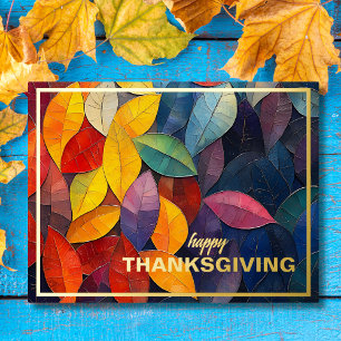 Colorful Abstract Autumn Leaves Thanksgiving Foil Holiday Postcard