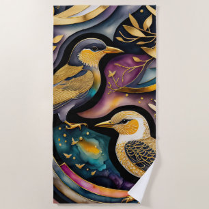Colorful Abstract Birds Painting Beach Towel