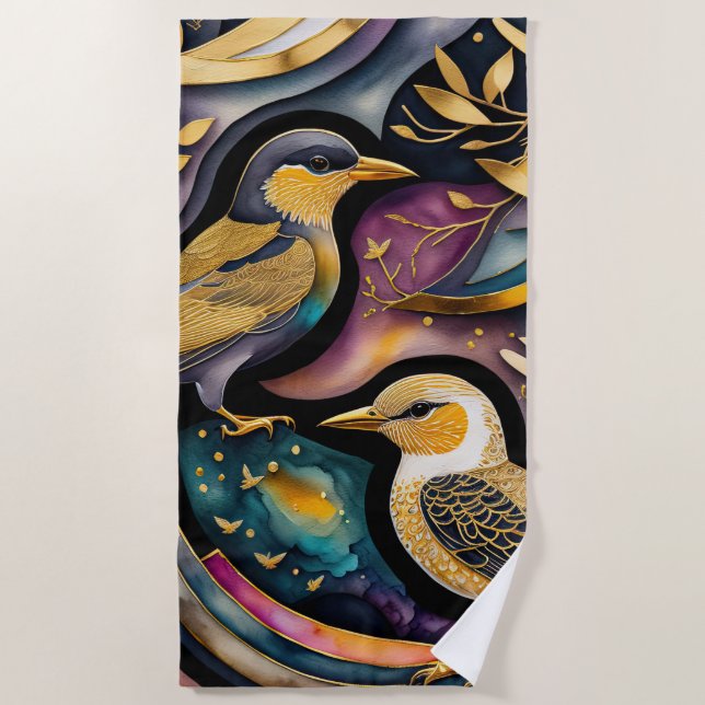 Colorful Abstract Birds Painting Beach Towel (Front)