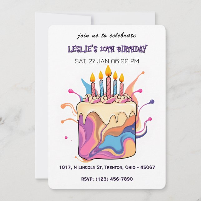 Colorful Abstract Birthday Cake with Candles Invitation (Front)