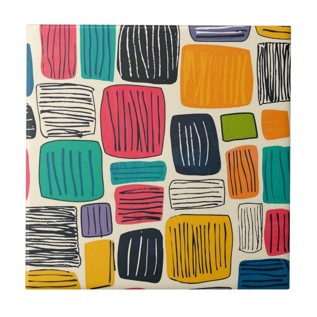 Colorful Abstract Blocks - Teal and Mustard Lines Ceramic Tile (Front)