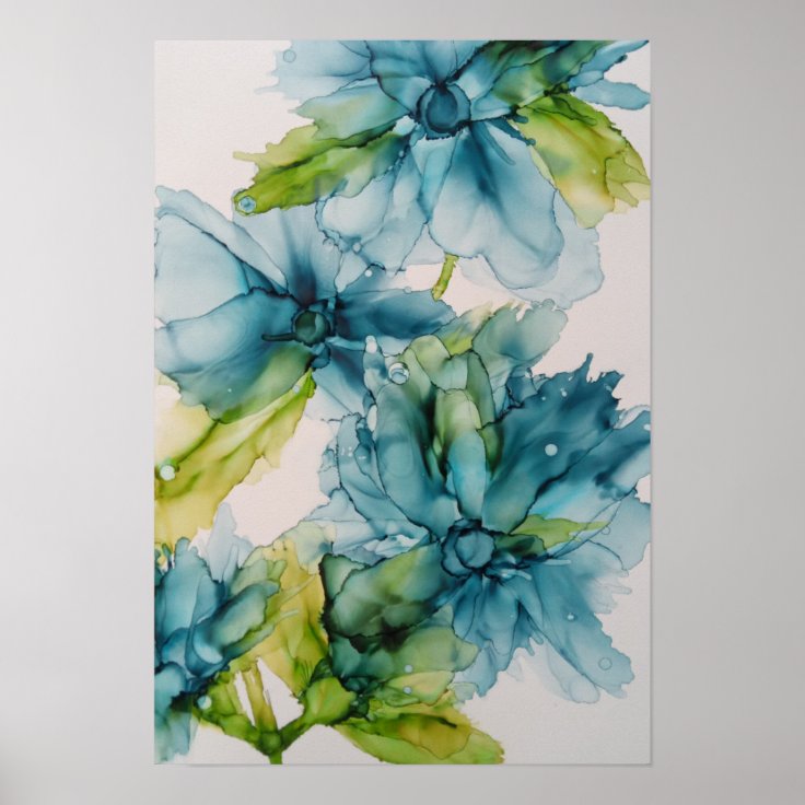 Colorful Abstract Blue and Green Floral Art Poster Zazzle