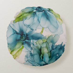 Colorful Abstract Blue and Green Floral Art Round Pillow