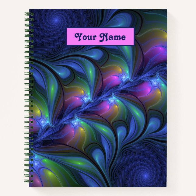 Colorful Abstract Blue Pink Green Fractal Art Name Notebook (Front)