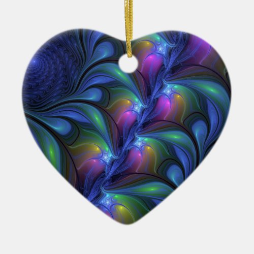Colorful Abstract Blue Pink Green Fractal Heart Ceramic Ornament