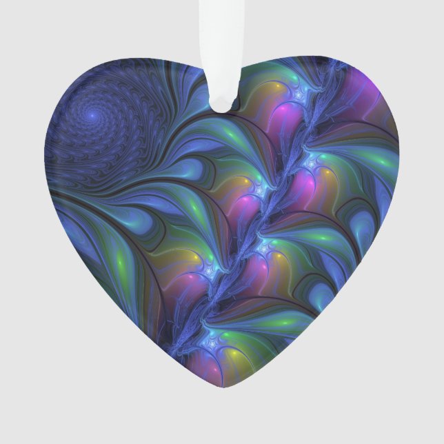 Colorful Abstract Blue Pink Green Fractal Heart Ornament (Front)