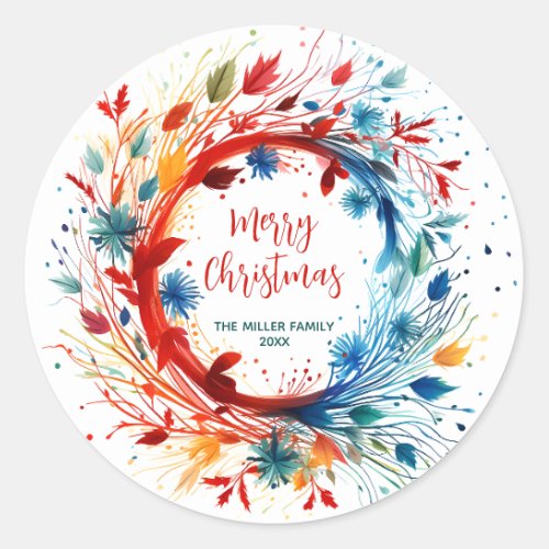 Colorful Abstract Botanical Christmas Wreath Classic Round Sticker