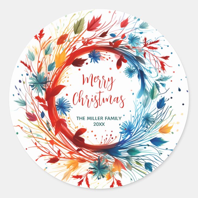 Colorful Abstract Botanical Christmas Wreath Classic Round Sticker (Front)