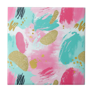 Colorful Abstract Brushstrokes - Mint & Pink (1) Ceramic Tile