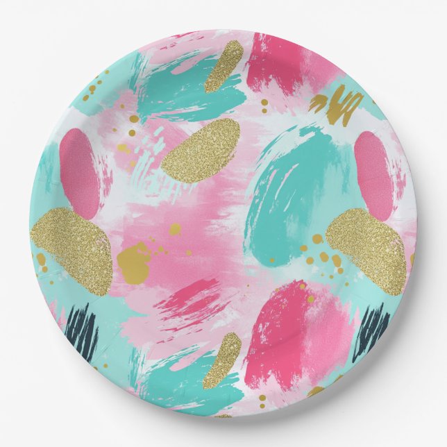 Colorful Abstract Brushstrokes - Mint & Pink (1) Paper Plates (Front)