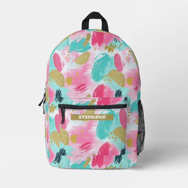 Colorful Abstract Brushstrokes - Mint & Pink (1) Printed Backpack (Front)
